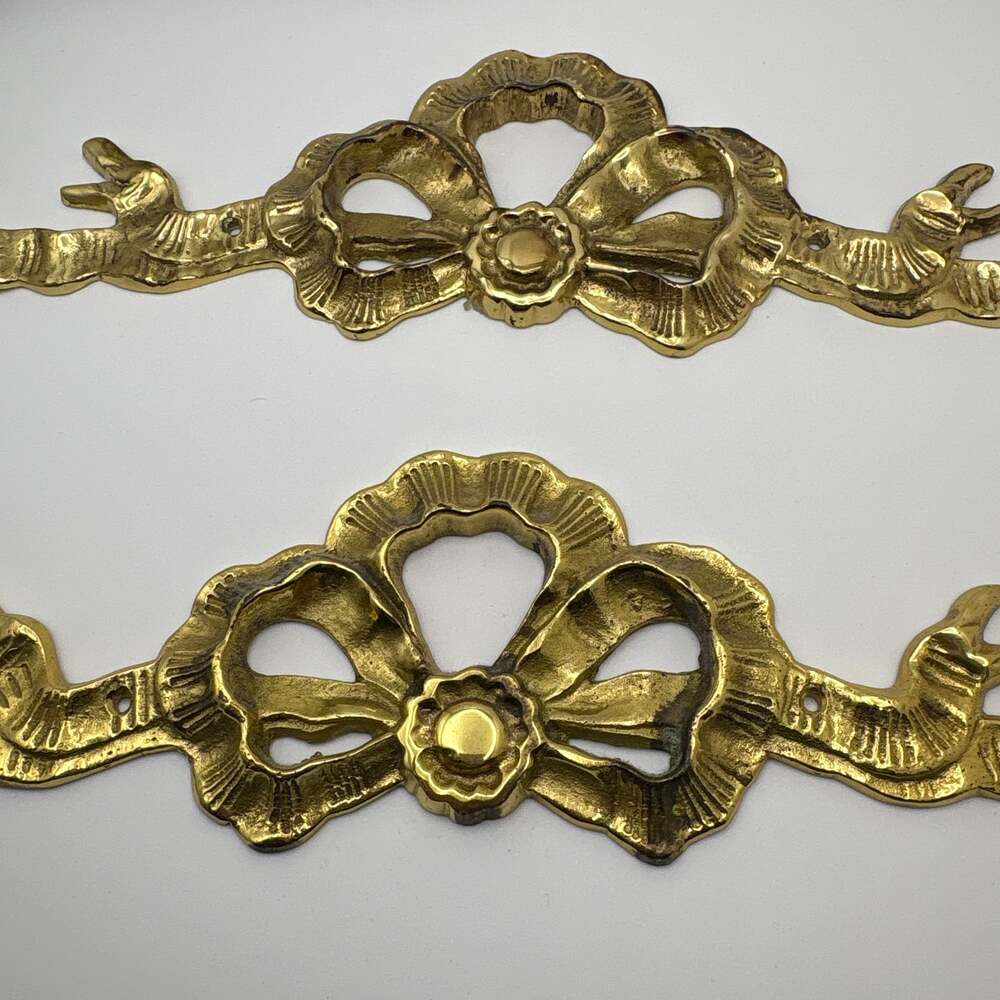 SOLD Pair of Vintage Brass Ribbon bow Wall Hanging Decor  Regency Toppers SOLD
